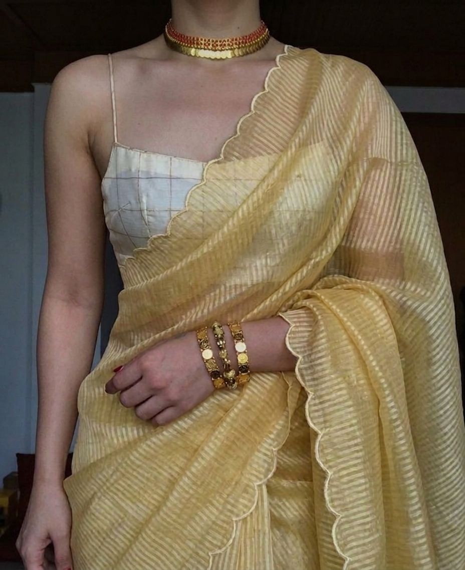 Golden Yellow Viscose Silver Zari Saree With Scalloped Edge image 2