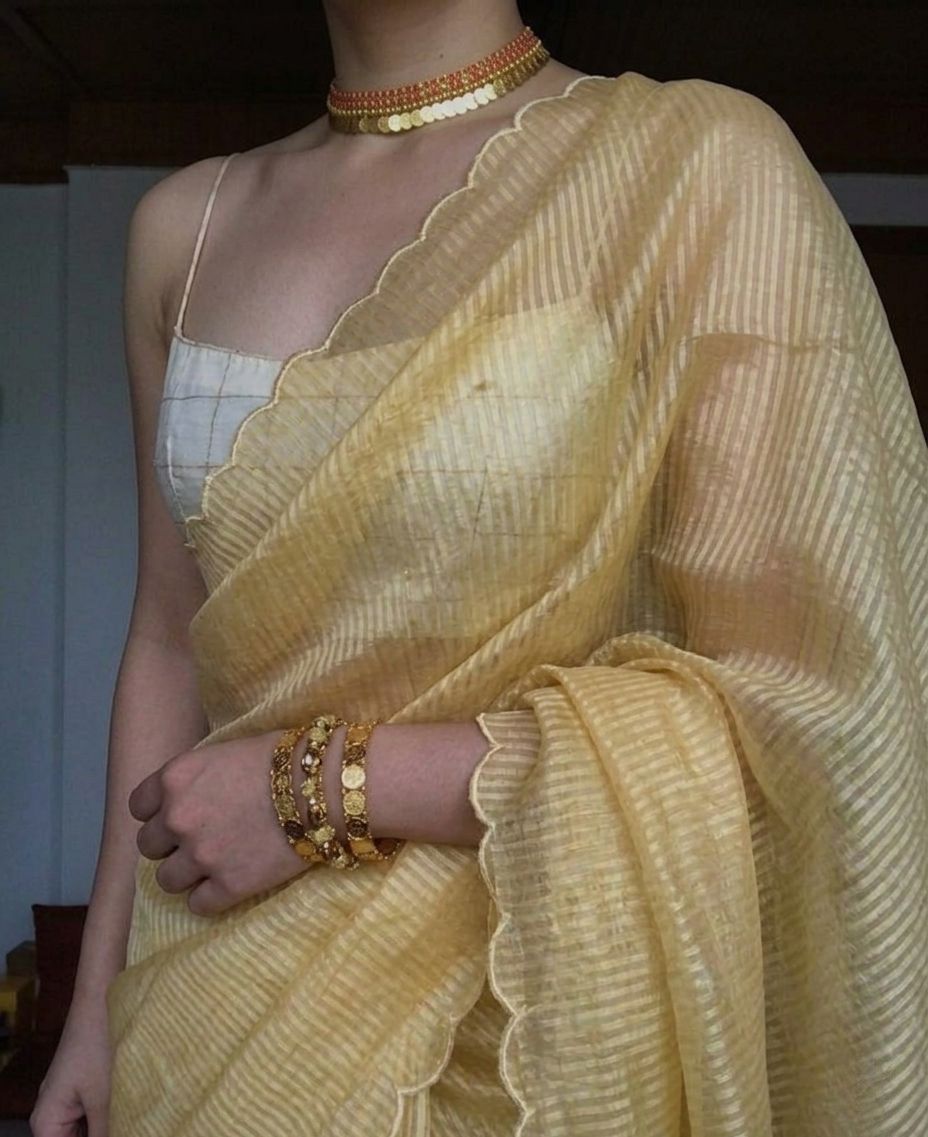 Golden Yellow Viscose Silver Zari Saree With Scalloped Edge image 6