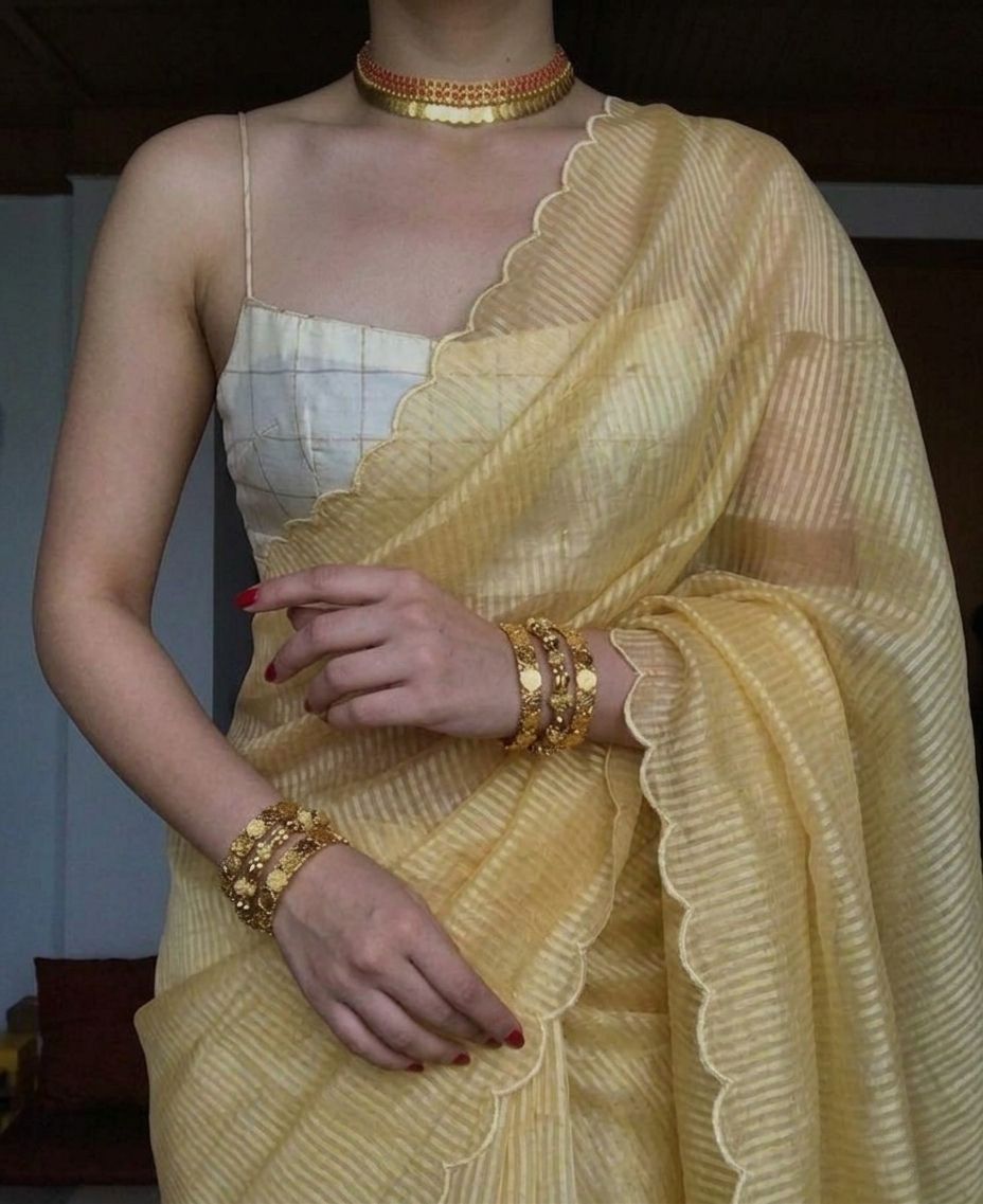 Golden Yellow Viscose Silver Zari Saree With Scalloped Edge image 4
