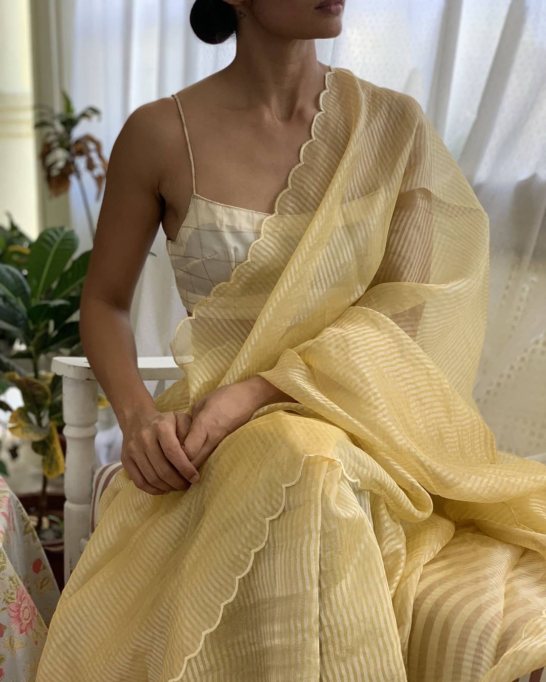 Golden Yellow Viscose Silver Zari Saree With Scalloped Edge image 5
