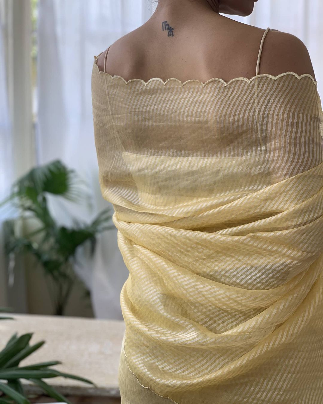 Golden Yellow Viscose Silver Zari Saree With Scalloped Edge image 3