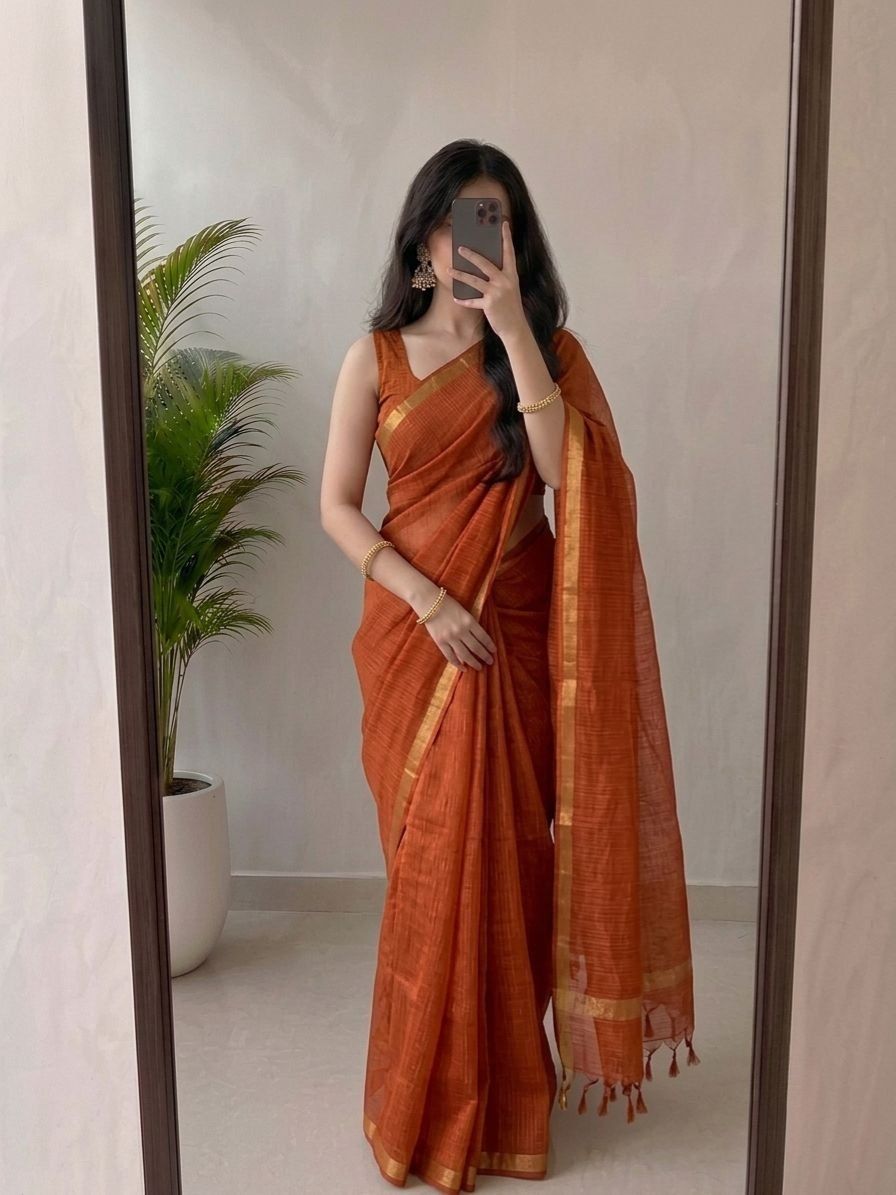 Rust Orange Kota Silk Saree With Golden Zari Border & Matching Blouse Piece | Lightweight Traditional Saree image 2