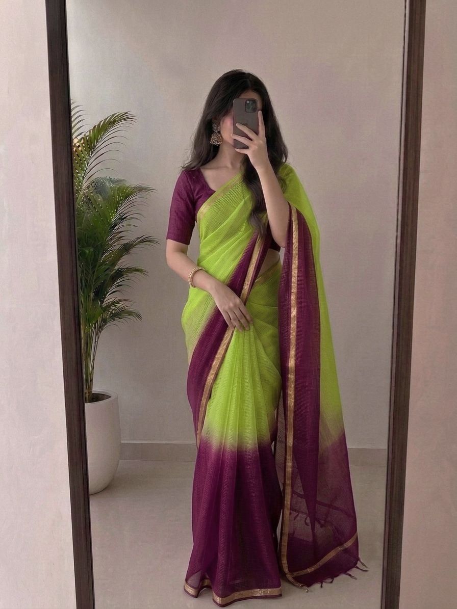 Wine Purple & Green Kota Silk Saree With Contrasting Green Pallu & Golden Zari Border | Blouse Piece Included image 2
