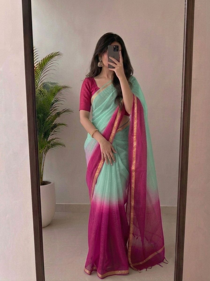 Mint Green & Rani Pink Kota Silk Saree With Golden Zari Border & Blouse Piece image 2