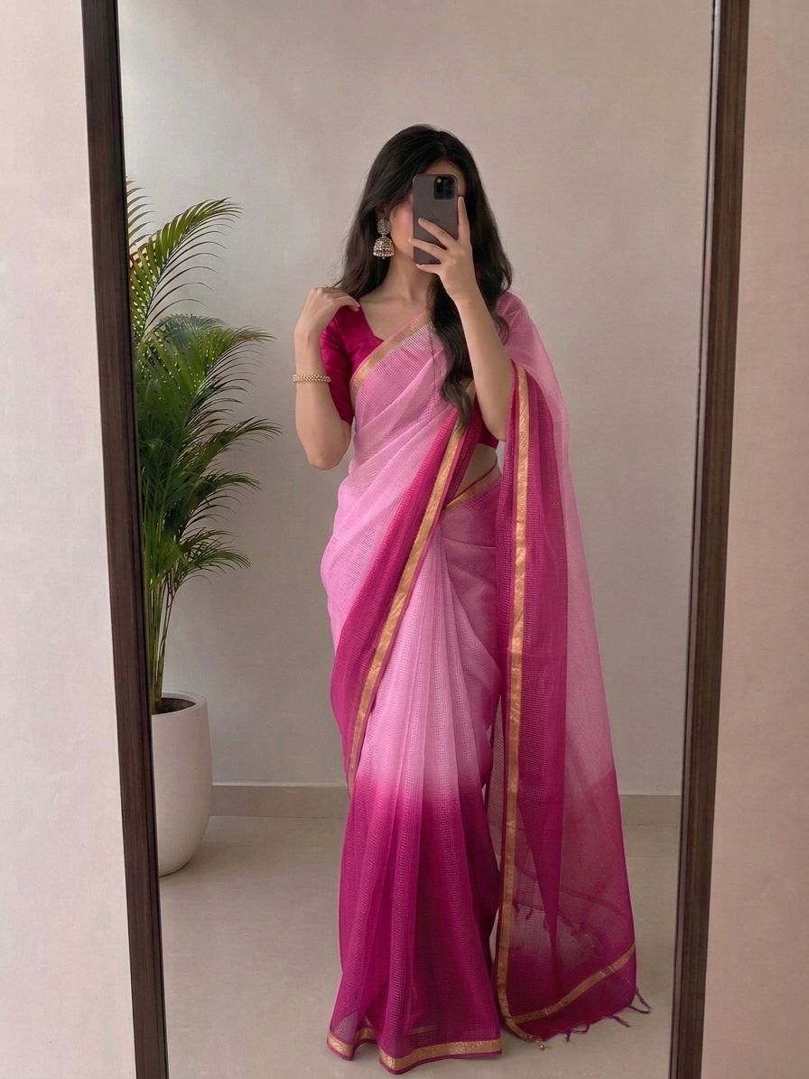 Baby Pink Kota Silk Saree With Rani Pink Goldenzari image 2