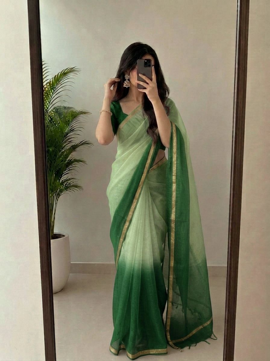 Pista Green Kota Silk Saree With Golden Zari Border & Blouse Piece image 2