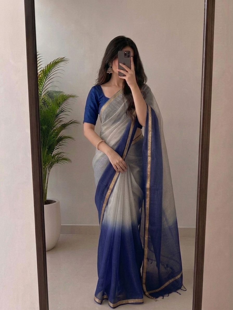 Silver Grey & Royal Blue Kota Silk Saree With Golden Zari Border & Blouse Piece | Lightweight Traditional Saree image 3