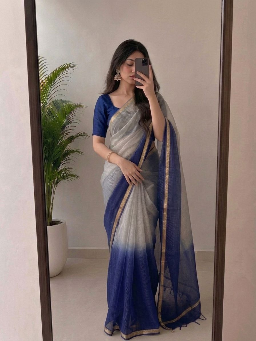 Silver Grey & Royal Blue Kota Silk Saree With Golden Zari Border & Blouse Piece | Lightweight Traditional Saree image 2
