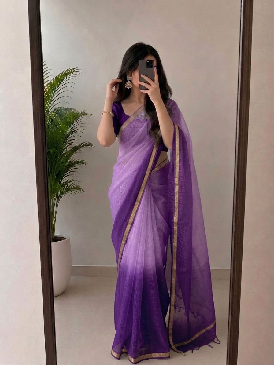 Lavender Purple Kota Silk Saree With Golden Zari Border & Blouse Piece | Lightweight Traditional Saree image 3