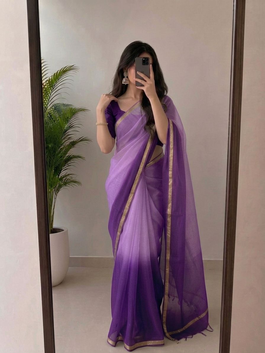 Lavender Purple Kota Silk Saree With Golden Zari Border & Blouse Piece | Lightweight Traditional Saree image 2