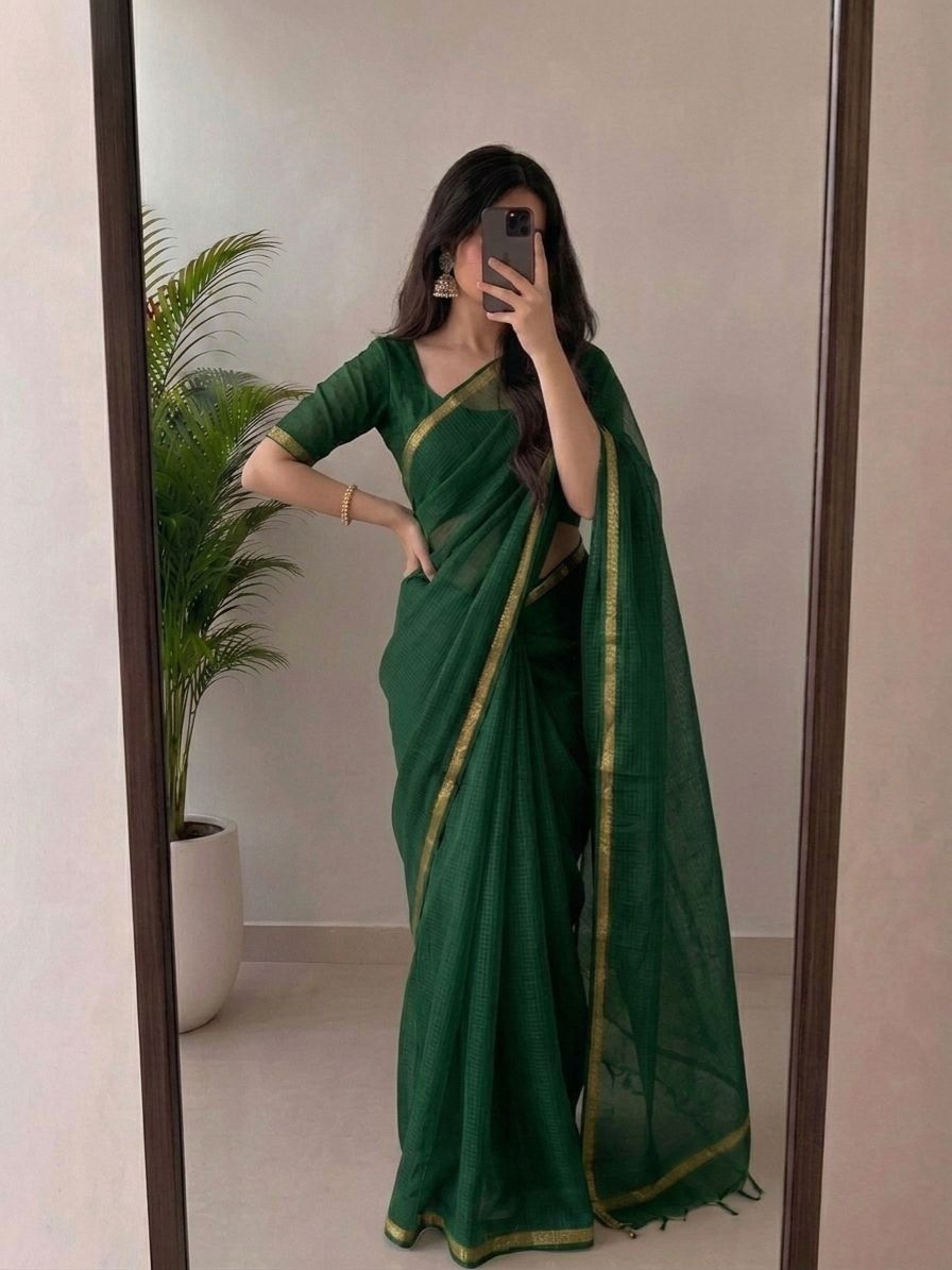 Bottle Green Kota Silk Saree With Golden Zari Border & Blouse Piece | Lightweight Traditional Saree image 3