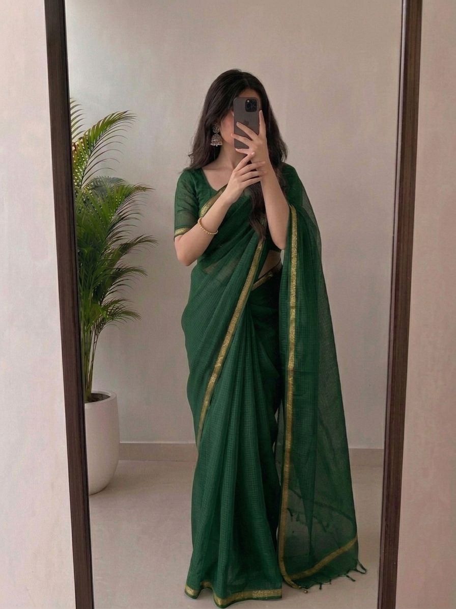 Bottle Green Kota Silk Saree With Golden Zari Border & Blouse Piece | Lightweight Traditional Saree image 2