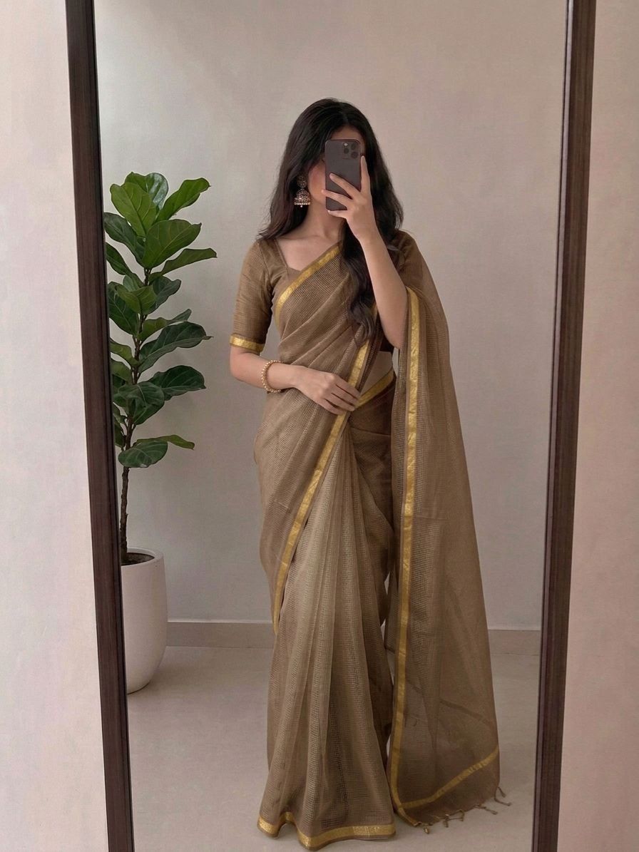 Mocha Brown Kota Silk Saree With Golden Zari Border & Blouse Piece | Lightweight Traditional Saree image 2