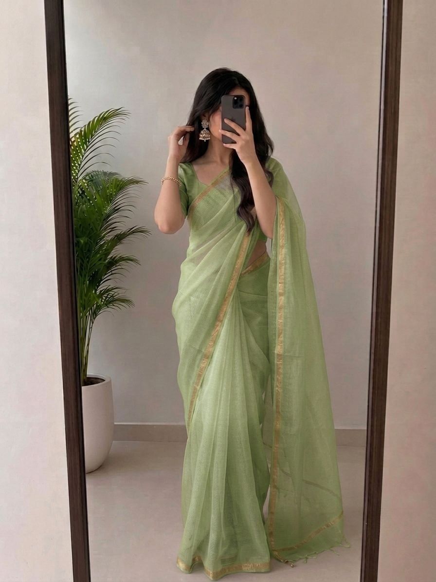 Pastel Green Kota Silk Saree With Golden Zari Border & Blouse Piece image 2