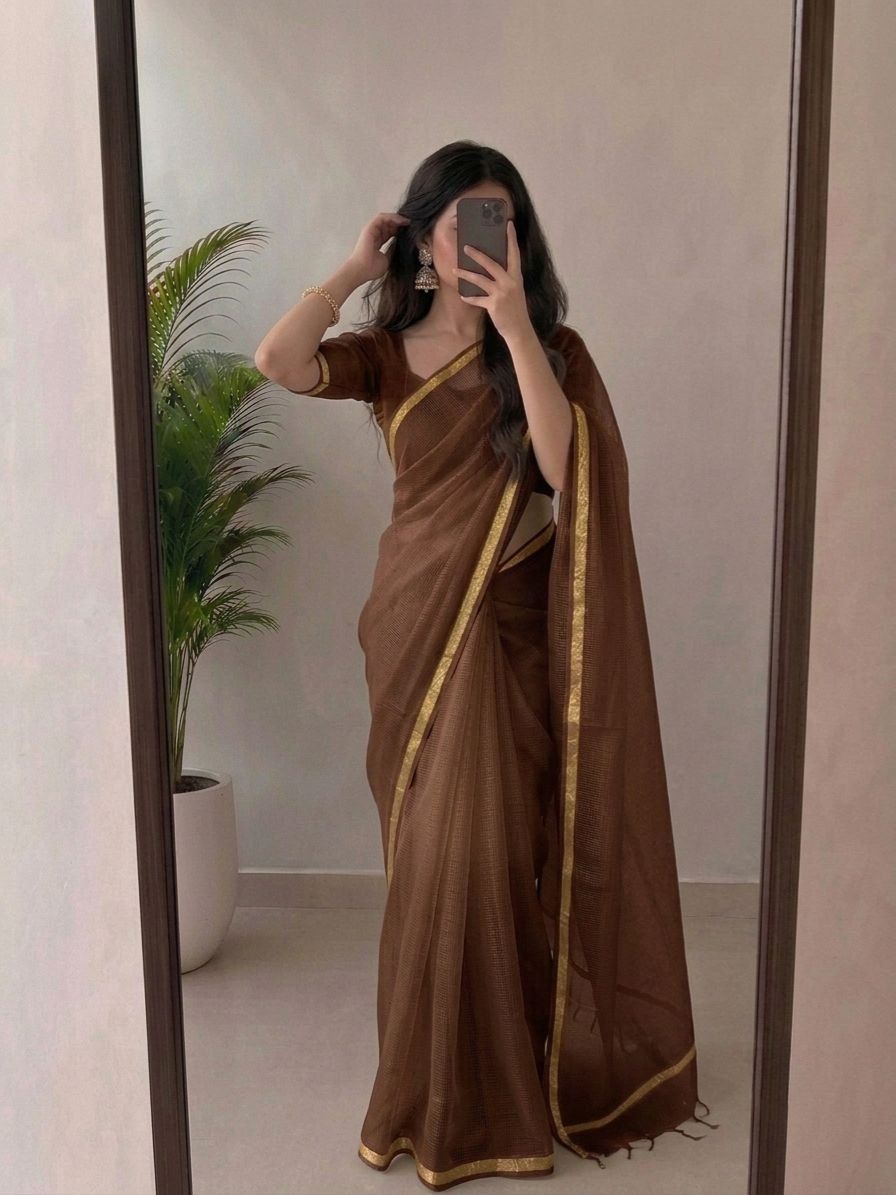 Elegant Chocolate Brown Kota Doria Silk Saree With Woven Zari Golden Border | Lightweight Festive Saree With Unstitched Blouse Piece image 3