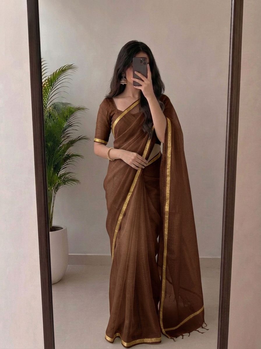 Elegant Chocolate Brown Kota Doria Silk Saree With Woven Zari Golden Border | Lightweight Festive Saree With Unstitched Blouse Piece image 2