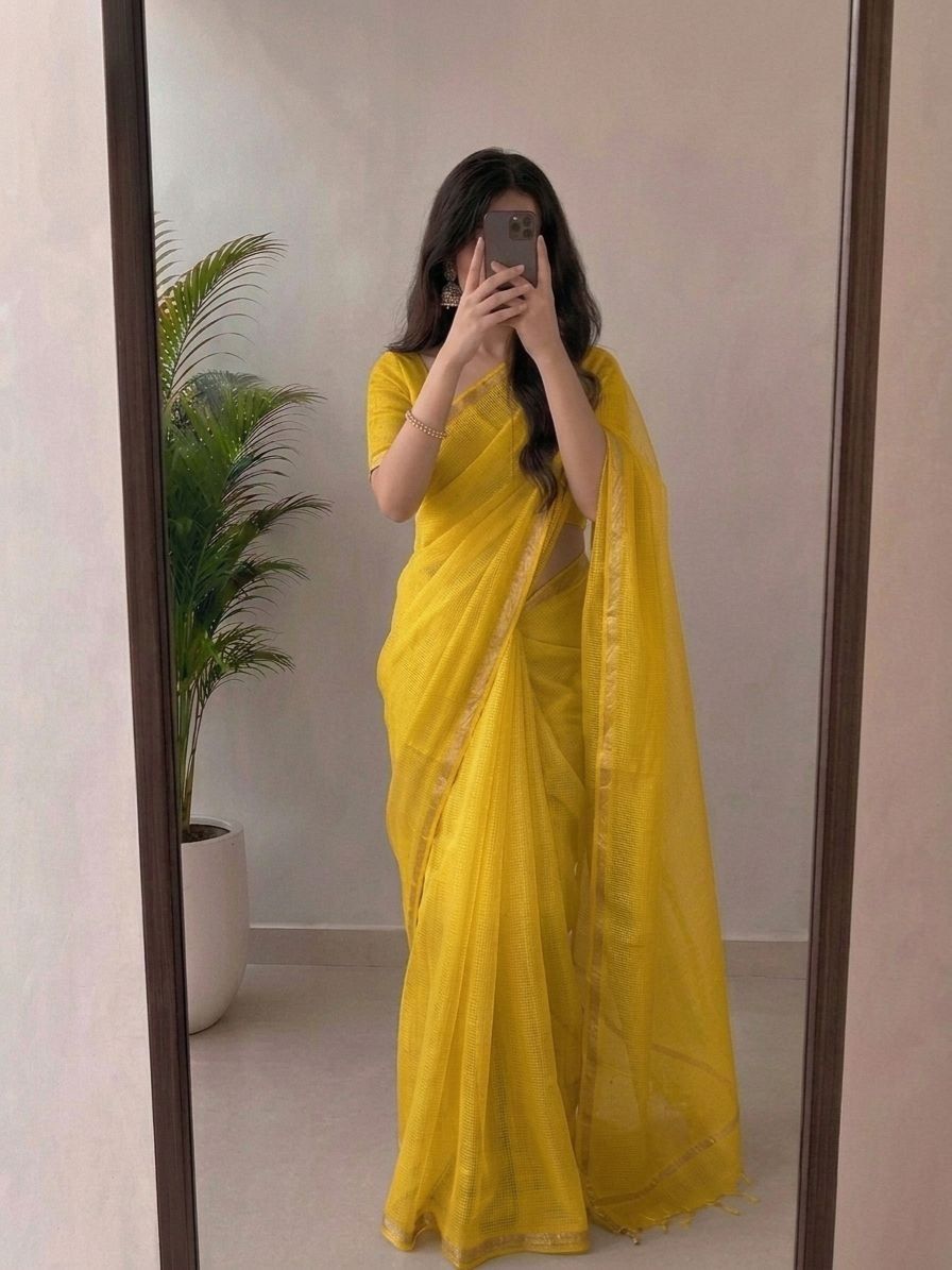 Vibrant Sunshine Yellow Kota Doria Silk Saree With Woven Zari Golden Border image 3
