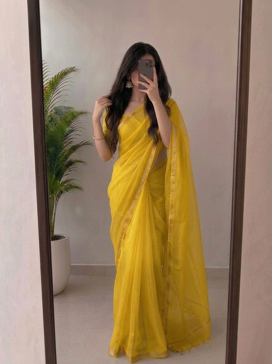 Vibrant Sunshine Yellow Kota Doria Silk Saree With Woven Zari Golden Border image 2