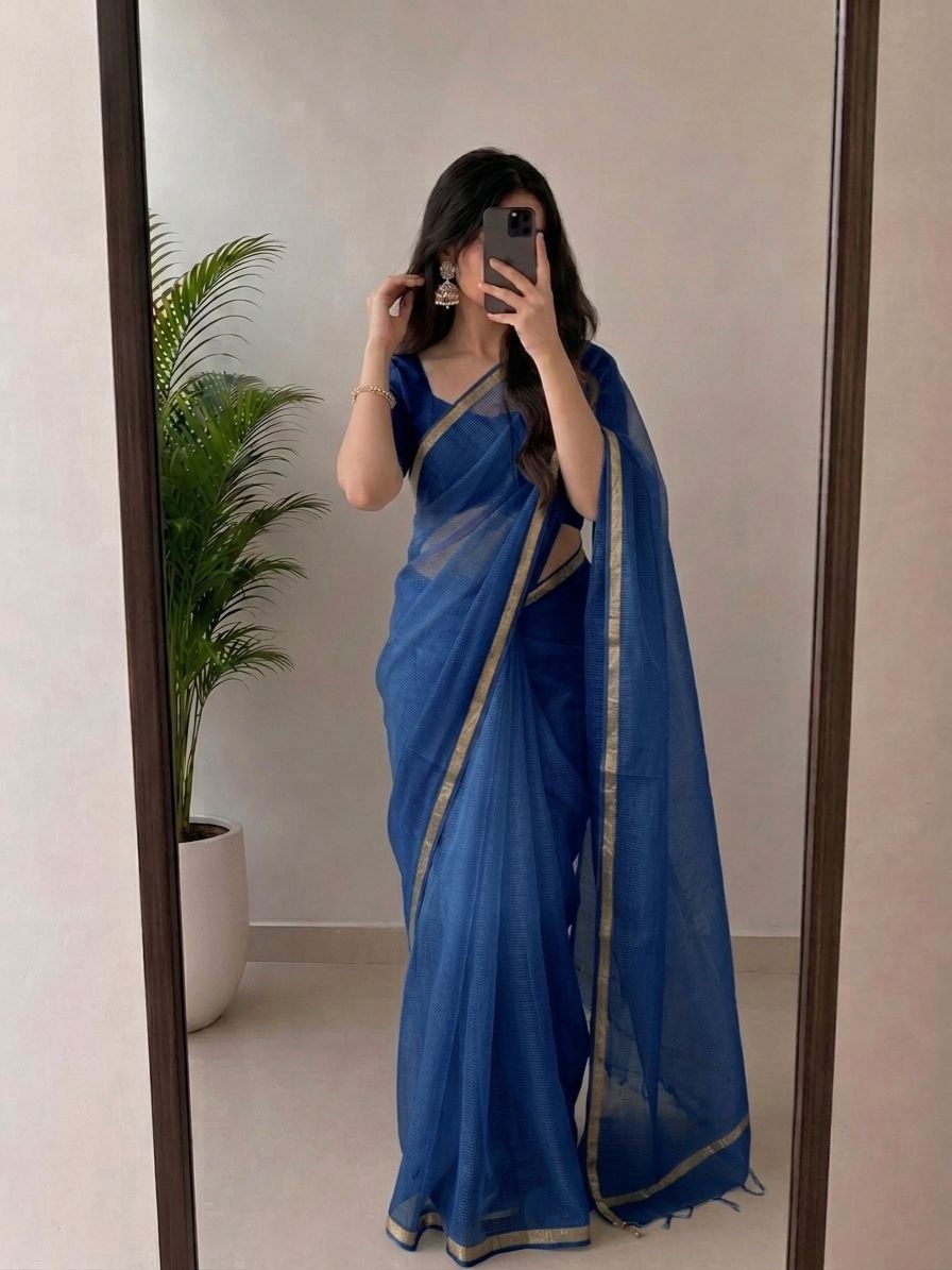 Royal Blue Kota Doria Silk Saree With Woven Zari Golden Border image 2