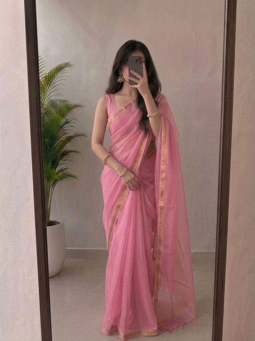 Charming Baby Pink Kota Doria Silk Saree With Woven Zari Golden Border image 2