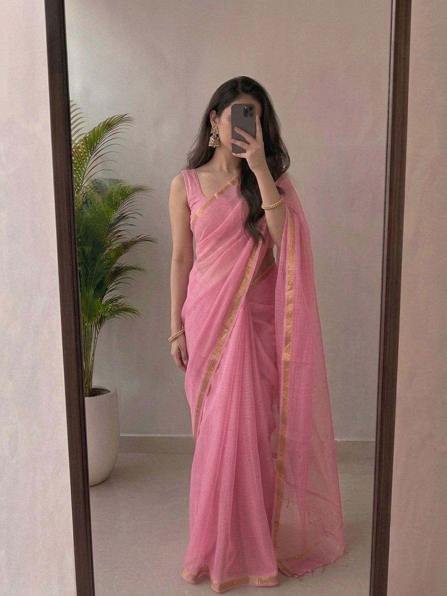 Charming Baby Pink Kota Doria Silk Saree With Woven Zari Golden Border image 3