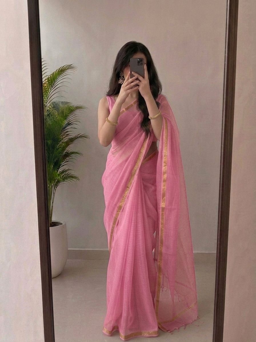 Charming Baby Pink Kota Doria Silk Saree With Woven Zari Golden Border image 4