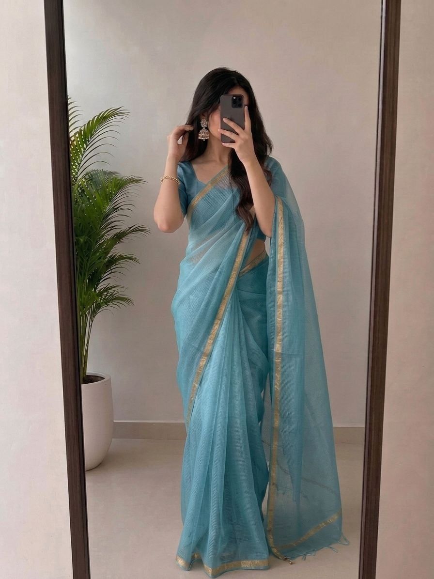 Elegant Sky Blue Kota Doria Silk Saree With Woven Zari Golden Border image 3