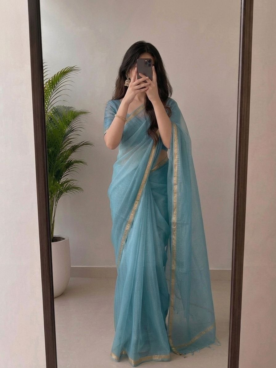 Elegant Sky Blue Kota Doria Silk Saree With Woven Zari Golden Border image 2