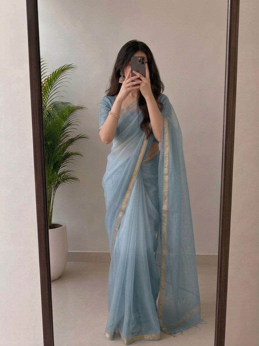 Graceful Light Greyish-blue Kota Doria Silk Saree With Woven Zari Golden Border image 2