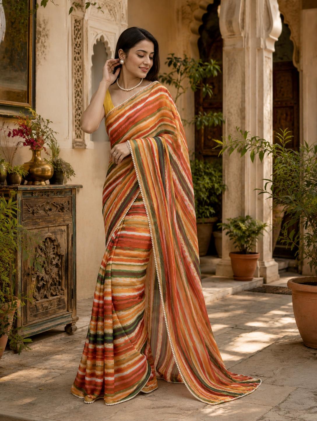 Organza Lehriya Printed Moti Lace Work Saree With Unstitched Blouse(salmon)