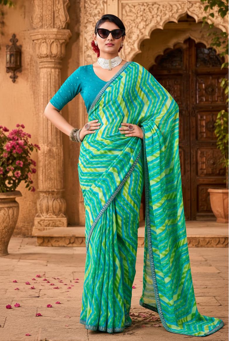 Premium Georgette Bandhani Work Saree With Unstitched Blouse(green)