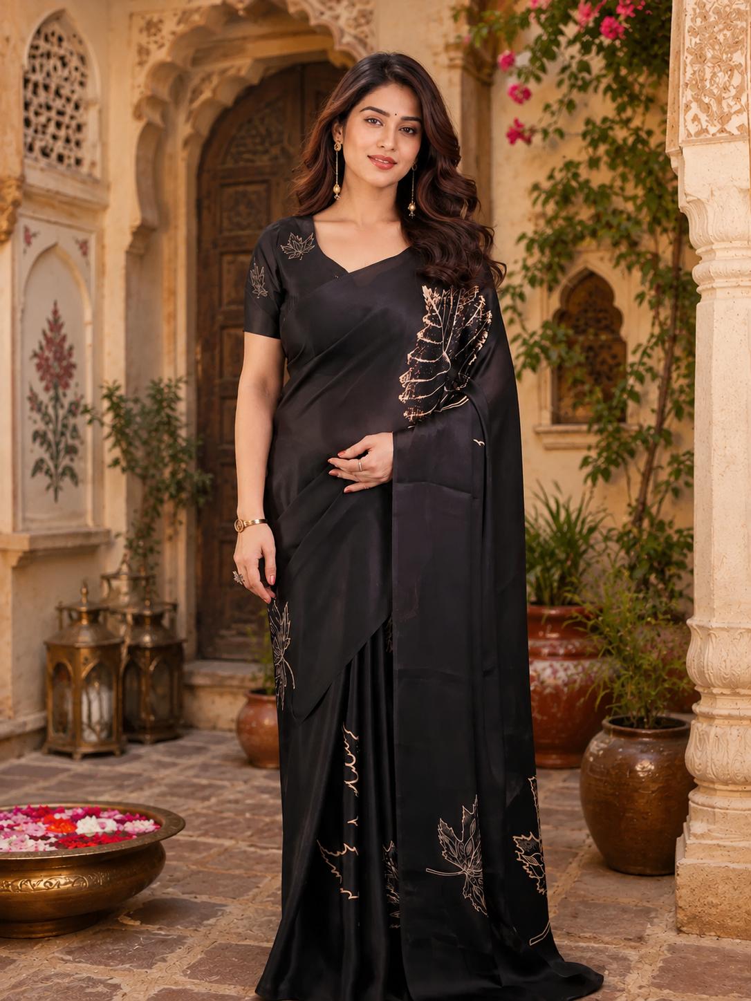 Satin Silk Printed Saree With Unstitched Blouse(black)
