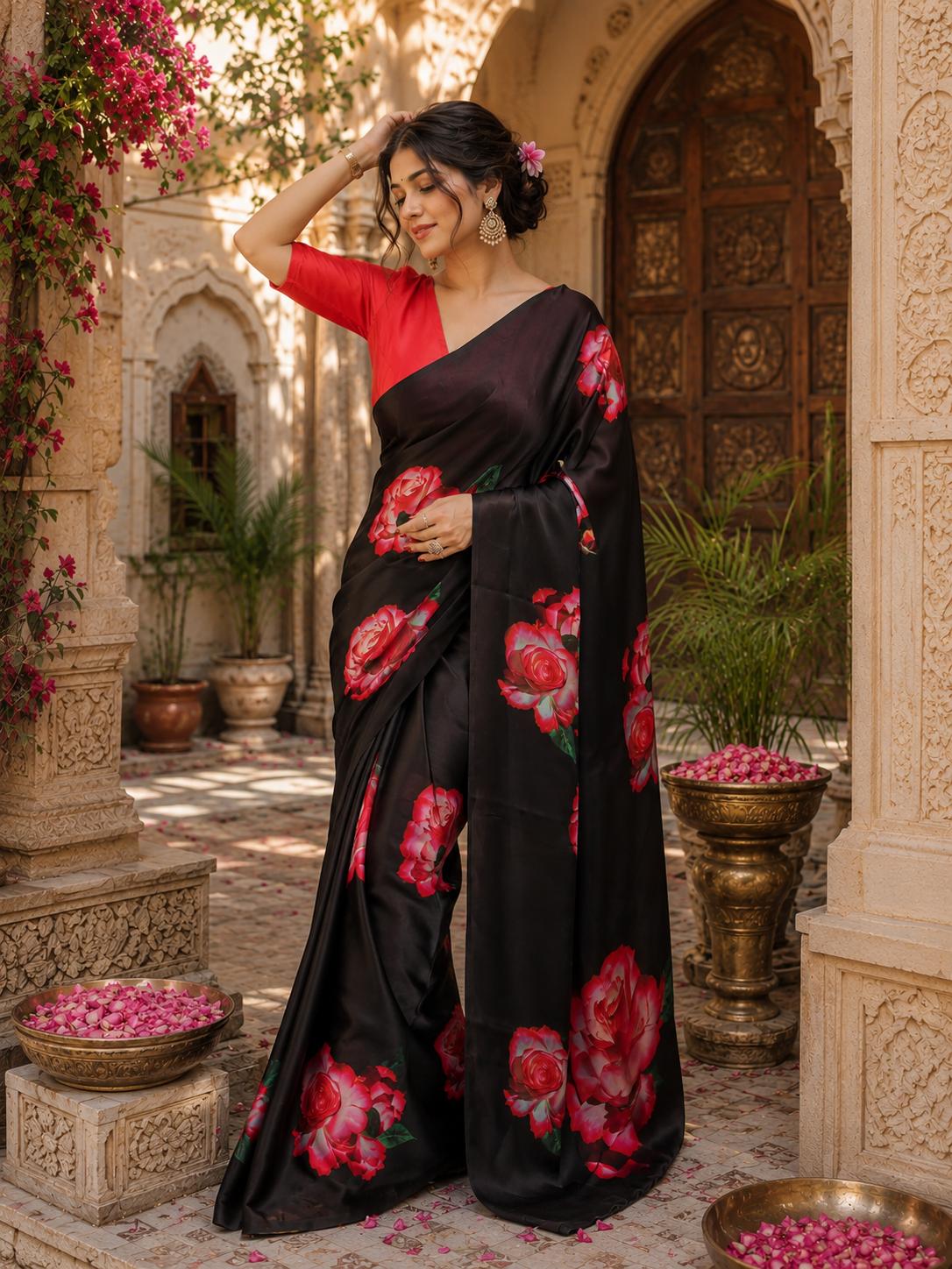 Satin Silk Printed Saree With Unstitched Blouse(red)