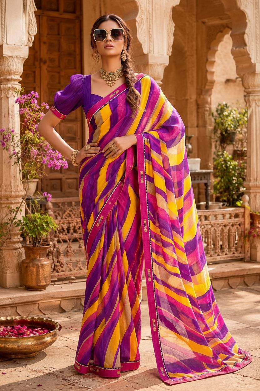 Georgette Digital Print Saree With Unstitched Blouse(purple)