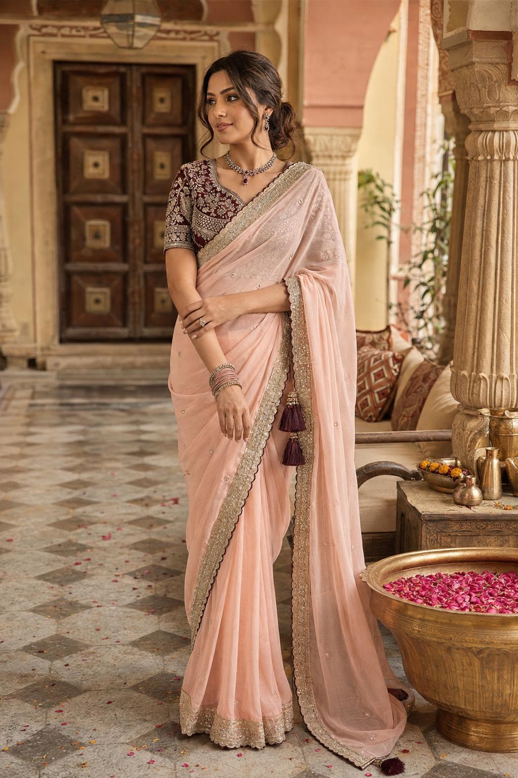 Premium Rangoli Silk Embroidery Work Saree With Unstitched Blouse(peach)