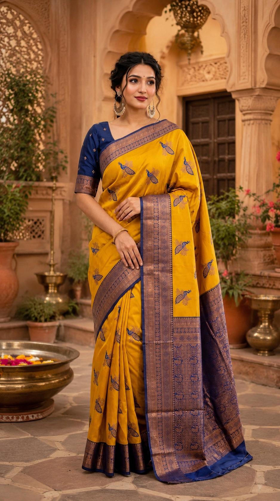 Pure Banarasi Silk Saree With Unstitched Blouse(mustard)