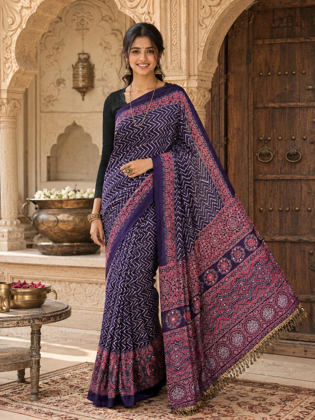 Premium Satin Silk Ajrarakh Print Saree With Unstitched Blouse(purple)
