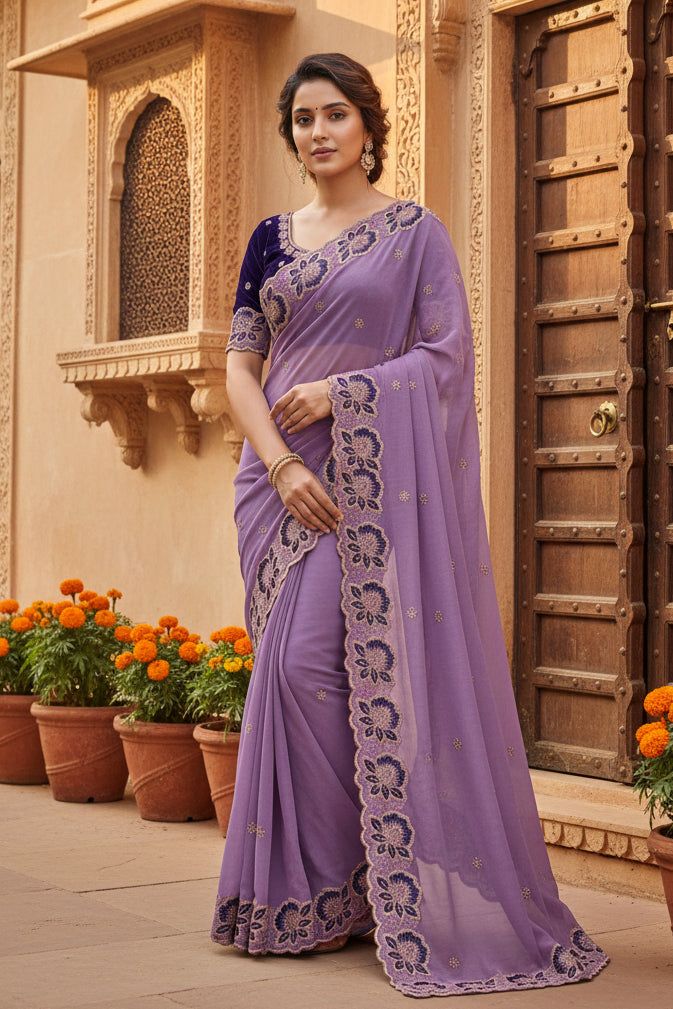 Georgette Multi Embroidery Work Saree With Unstitched Blouse(lavender)