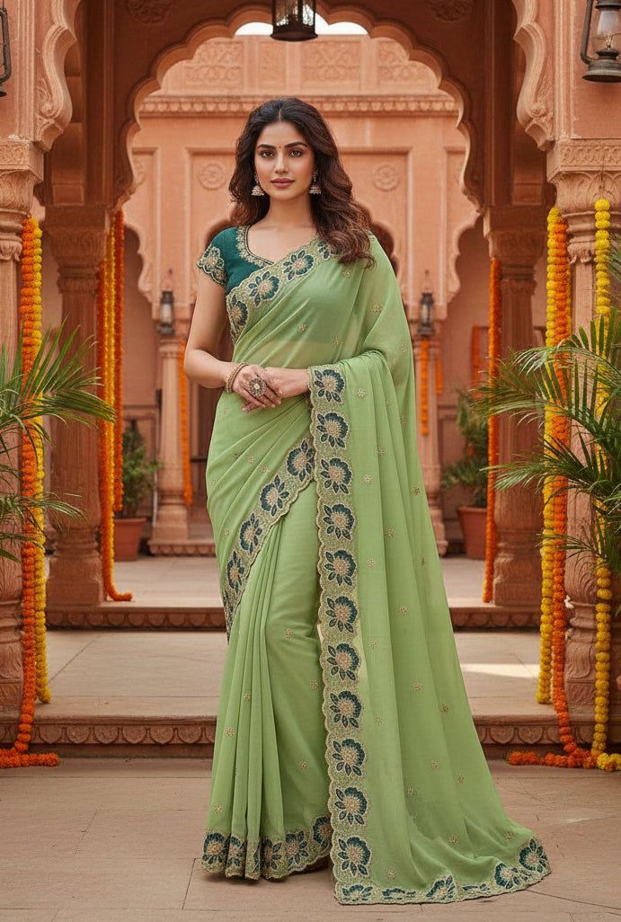 Georgette Multi Embroidery Work Saree With Unstitched Blouse(light Green)