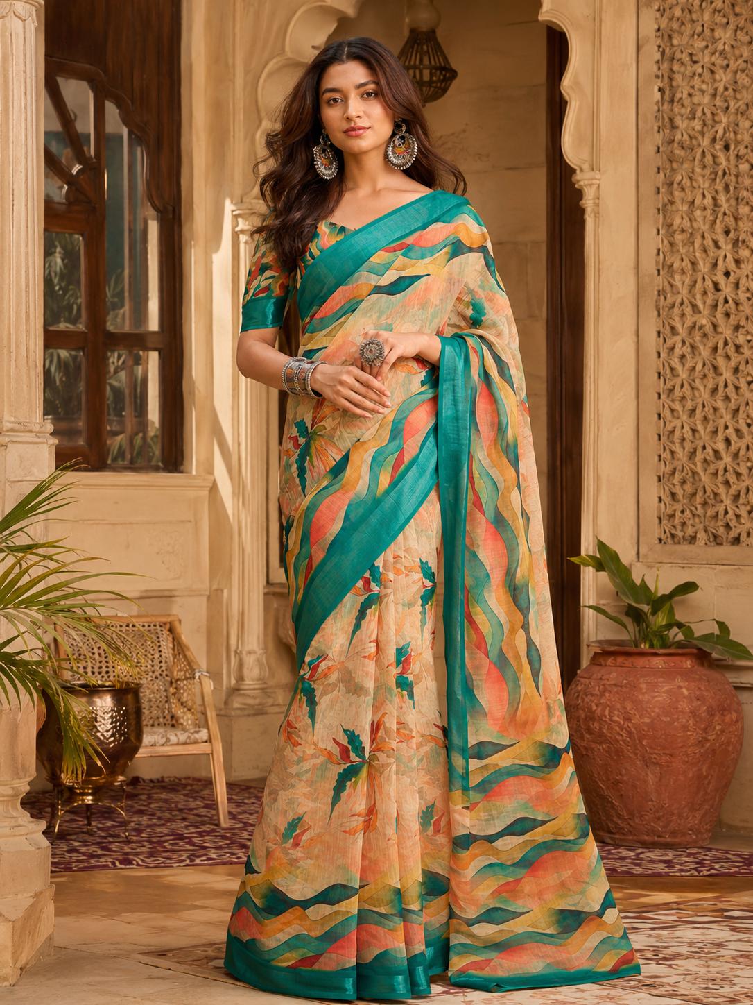 Linen Floral-printed Saree With Unstitched Blouse (MUSTARD)