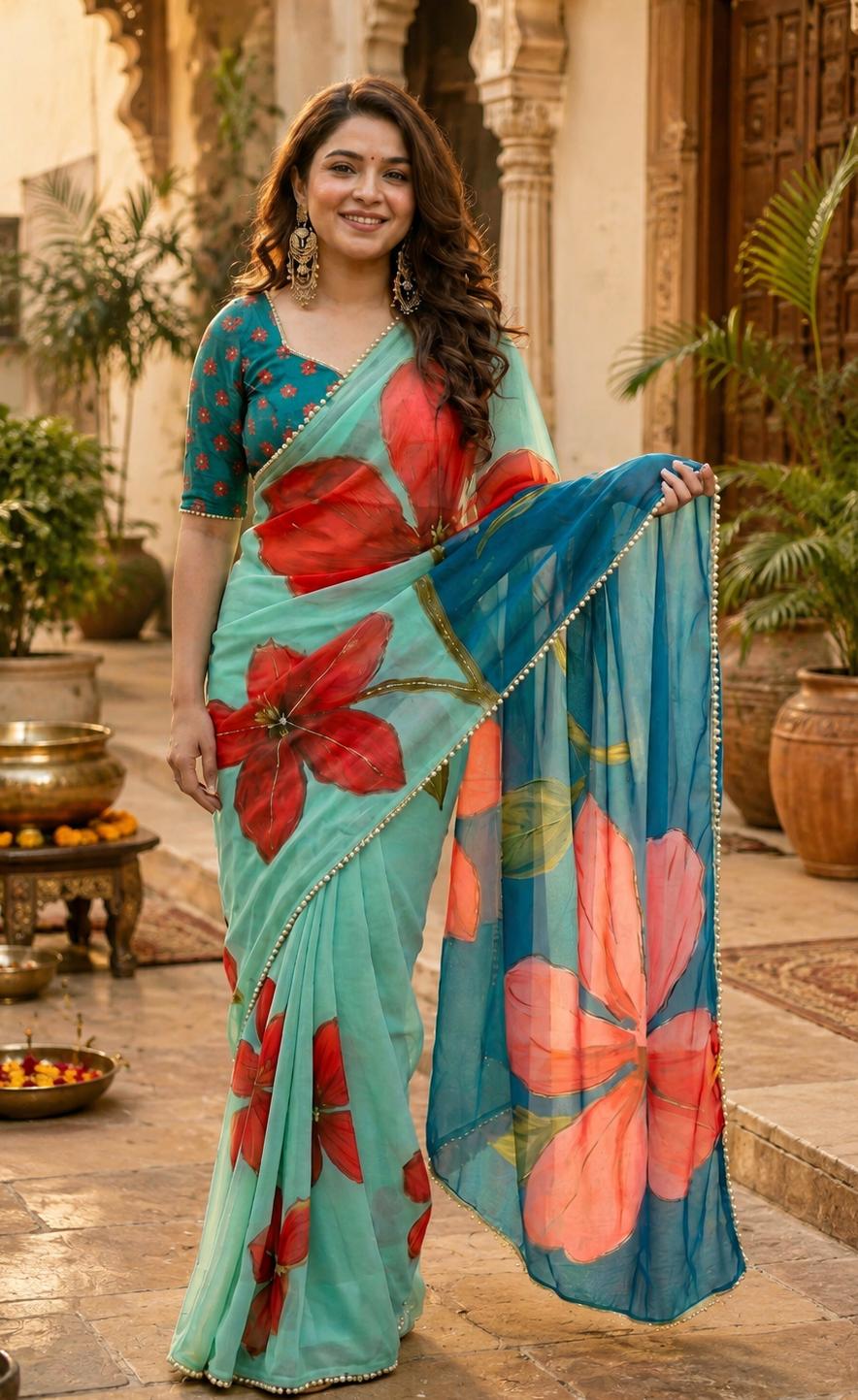 Georgette Digital Printed Saree With Unstitched Blouse(teal)
