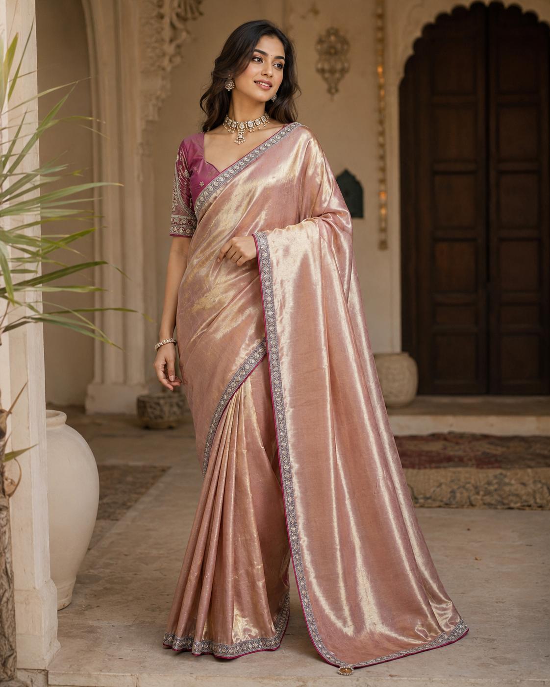 Soft Tissue Silk Sequins Work Saree With Unstitched Blouse(pink)