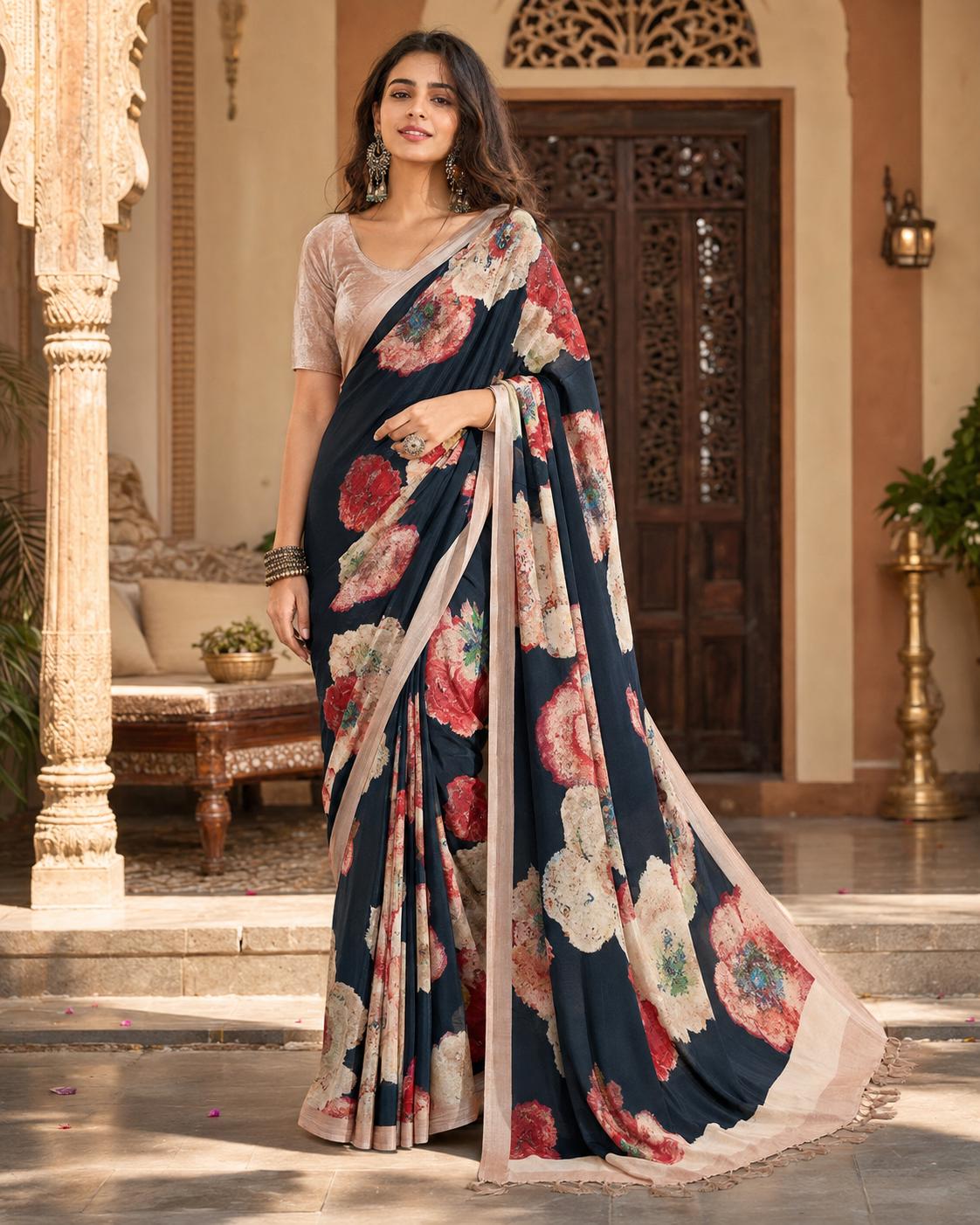 Premium Crepe Silk Saree With Unstitched Blouse(black)