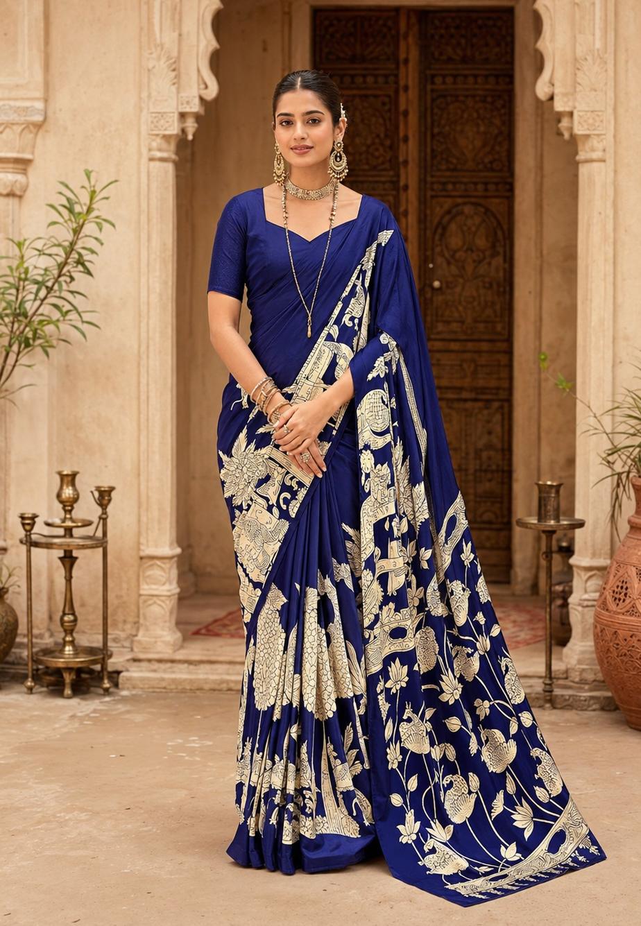 Satin Silk Kalamkari Print Saree With Unstitched Blouse(deep Blue)