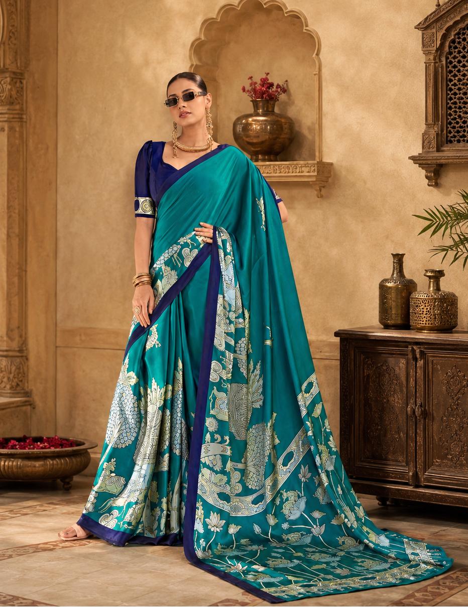 Satin Silk Kalamkari Print Saree With Unstitched Blouse(green)