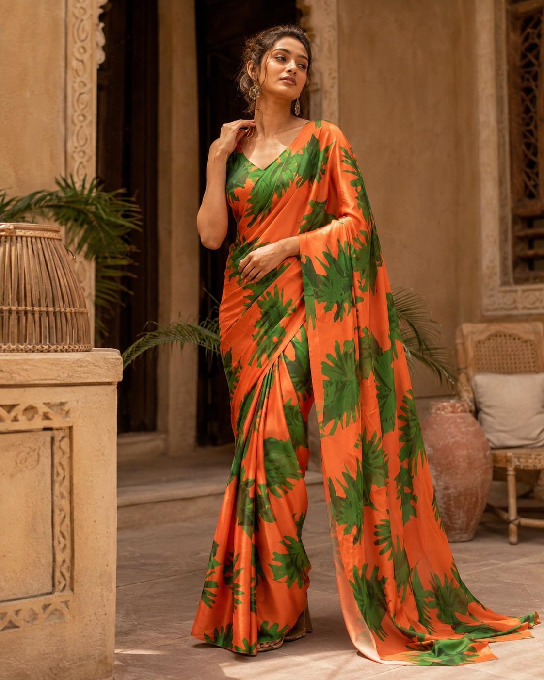 Satin Silk Printed Saree With Unstitched Blouse(orange)