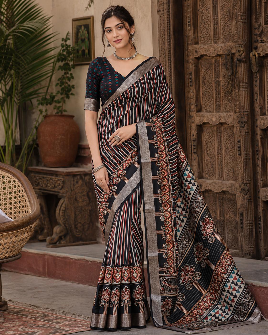 Tussar Silk Printed Saree With Unstitched Blouse(black)