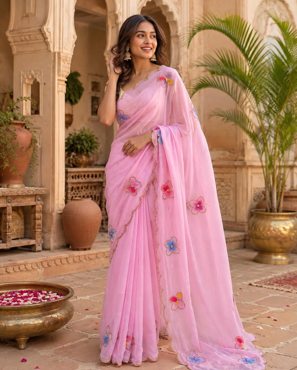 Premium Georgette Butterfly Patch Work Saree With Unstitched Blouse(pink)