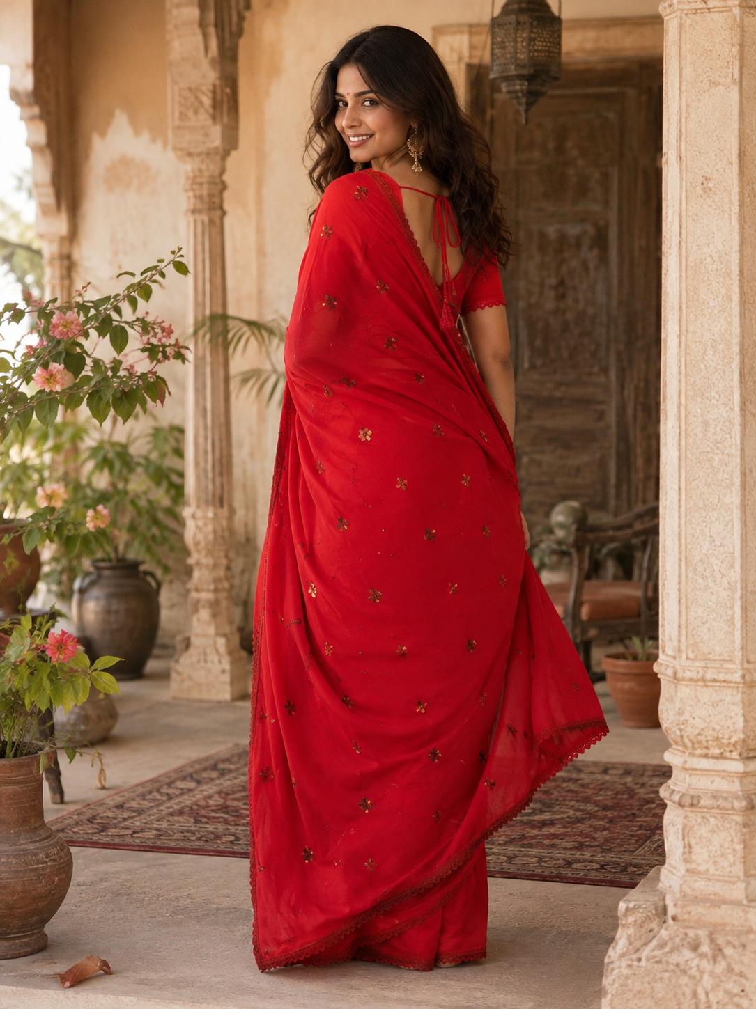 Soft Silk Embroidery Saree With Unstitched Blouse(red)