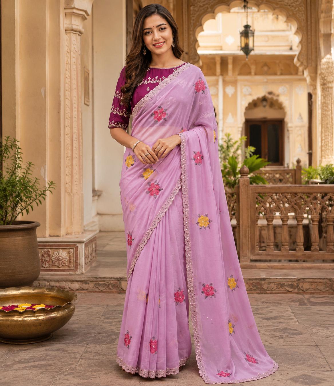 Soft Rangoli Silk Embroidery & Mirror Work Saree With Unstitched Blouse(baby Pink)